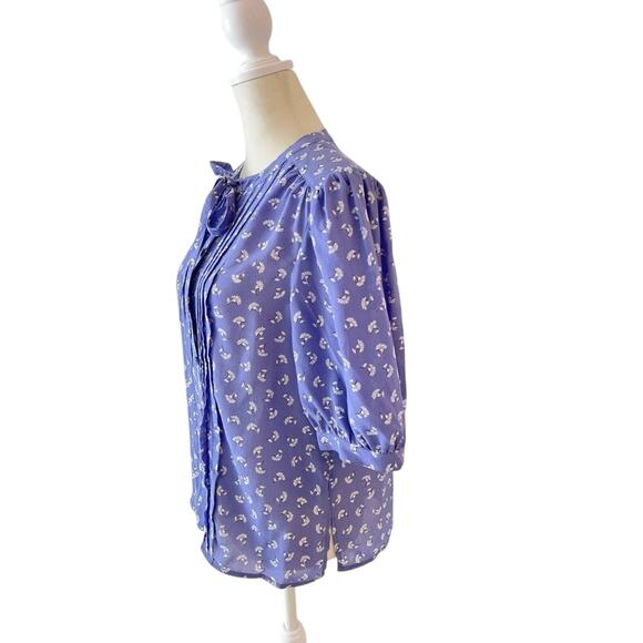 Rebecca Taylor Silk Floral Bow Blouse Periwinkle Blue Pleated Puff Sleeve Top 2 - Picture 4 of 6